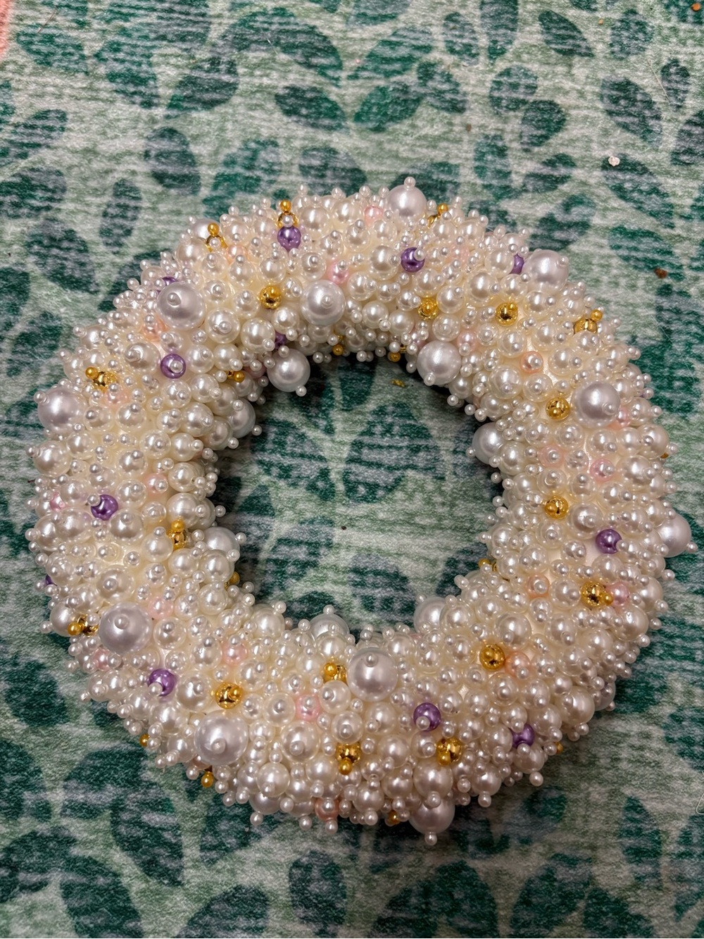 Handmade Pearl Bead Bracelet Wreath in White with Gold & Lilac Accents
